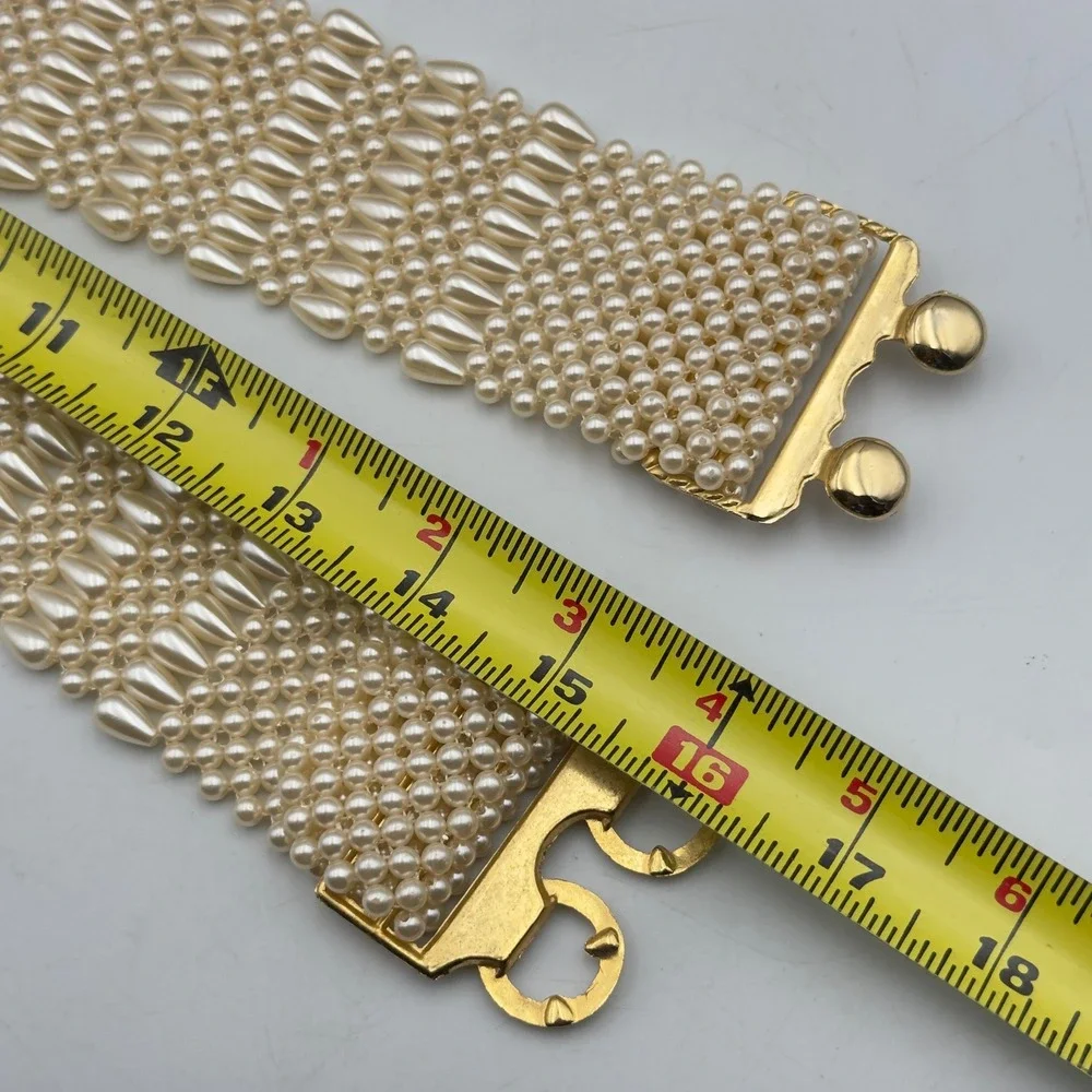 Vintage Faux Pearl Belt Cream Woven Elastic Gold Clasp 31 Inch Waist Statement